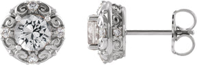 Platinum Natural White Sapphire & Natural Diamond Round 4-Prong Halo-Style Earrings
