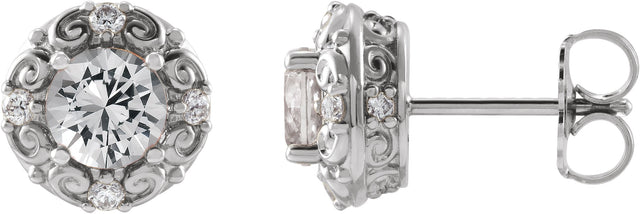 Platinum Natural White Sapphire & Natural Diamond Round 4-Prong Halo-Style Earrings