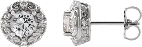 14K Gold Natural White Sapphire & Natural Diamond Round 4-Prong Halo-Style Earrings - White Gold