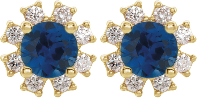 14K Gold Lab-Grown Blue Sapphire Round 4-Prong Halo-Style Earrings - Yellow Gold - view 4