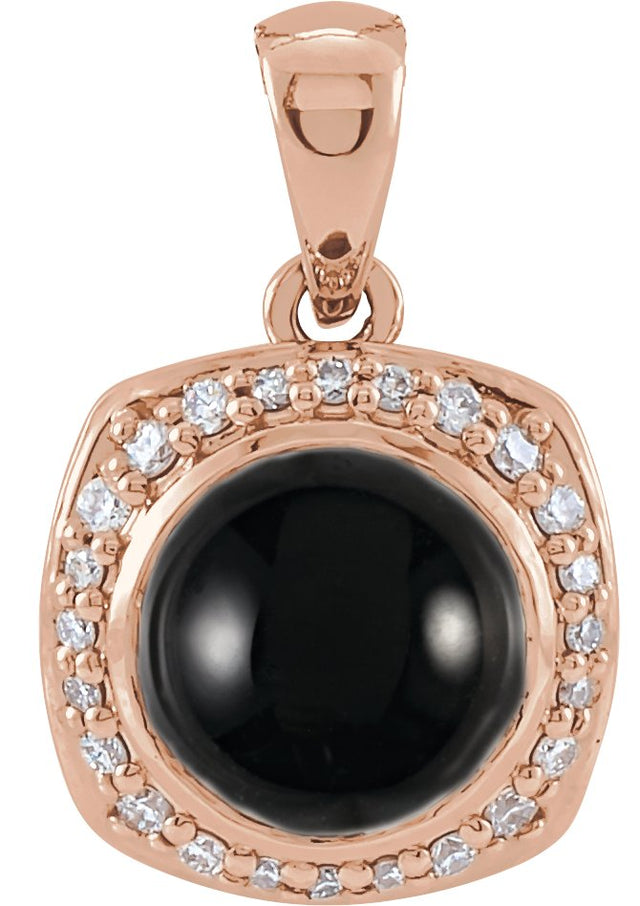 14K Gold Round Natural Black Onyx & Natural Diamond Cabochon Halo-Style Necklace or Pendant - Rose Gold