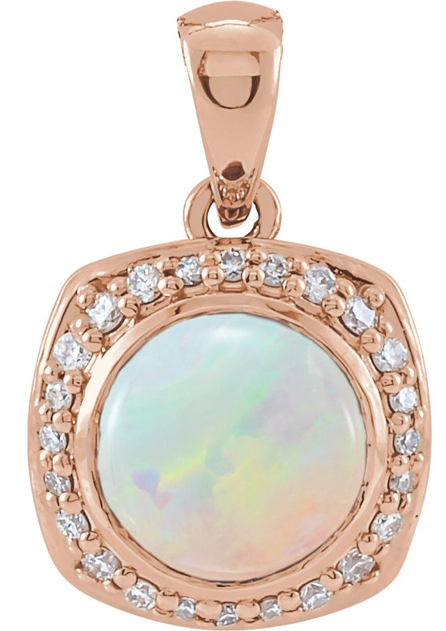 14K Gold Round Natural Ethiopian Opal & Natural Diamond Cabochon Halo-Style Necklace or Pendant - Rose Gold