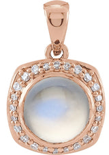 14K Gold Round Natural Rainbow Moonstone & Natural Diamond Cabochon Halo-Style Necklace or Pendant - Rose Gold