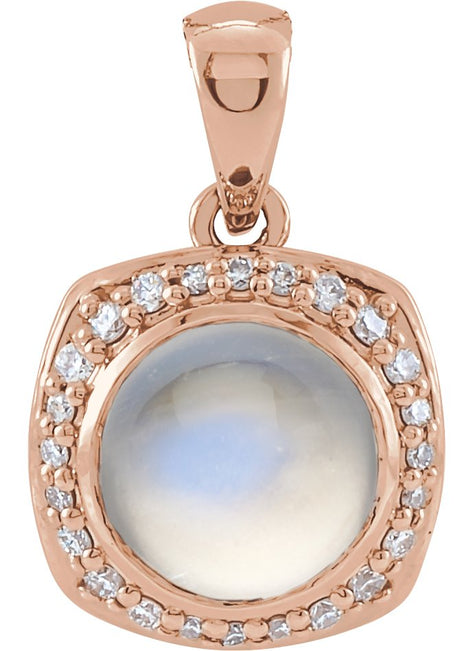 14K Gold Round Natural Rainbow Moonstone & Natural Diamond Cabochon Halo-Style Necklace or Pendant - Rose Gold
