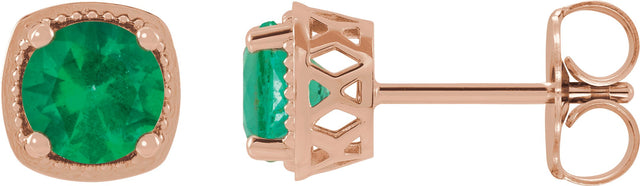 14K Gold Natural Emerald Round 4-Prong Earrings - Rose Gold