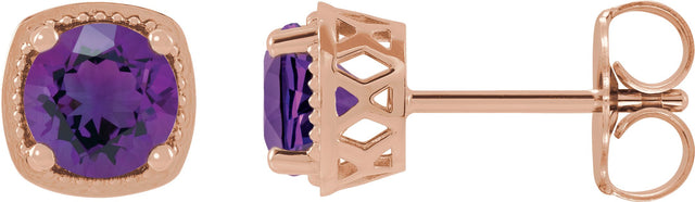 14K Gold Natural Amethyst Round 4-Prong Earrings - Rose Gold
