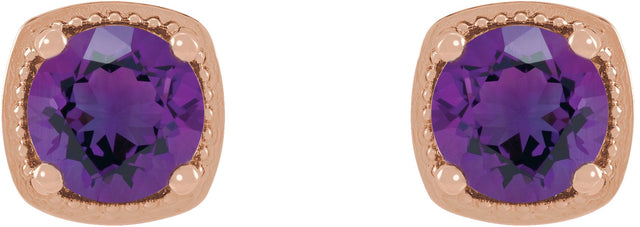 14K Gold Natural Amethyst Round 4-Prong Earrings - Rose Gold - view 2