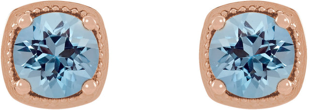 14K Gold Natural Aquamarine Round 4-Prong Earrings - Rose Gold - view 2