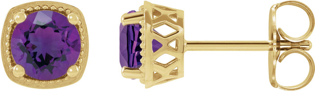 14K Gold Natural Amethyst Round 4-Prong Earrings - Yellow Gold