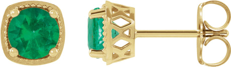 14K Gold Natural Emerald Round 4-Prong Earrings - Yellow Gold