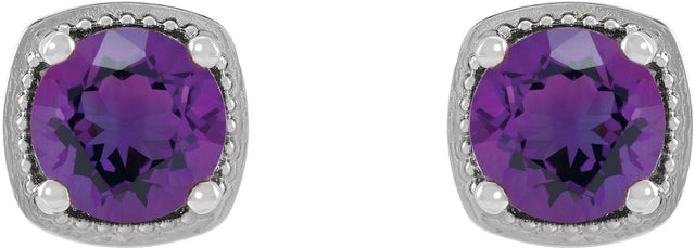 14K Gold Natural Amethyst Round 4-Prong Earrings - White Gold - view 2