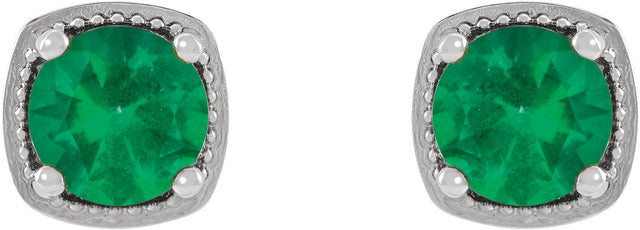 14K Gold Lab-Grown Emerald Round 4-Prong Earrings - White Gold - view 2