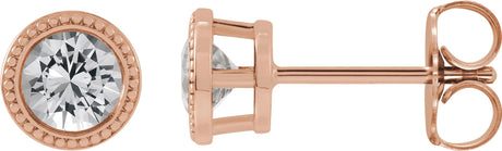 14K Gold Natural White Sapphire Round Bezel-Set Stud Earrings - Rose Gold
