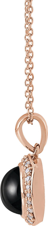 14K Gold Round Natural Black Onyx & Natural Diamond Cabochon Halo-Style Necklace or Pendant - Rose Gold - view 2
