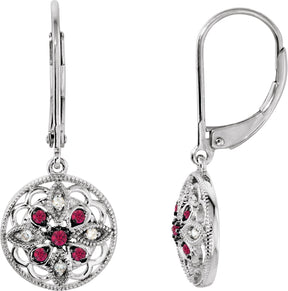 14K Gold Round Natural Ruby & Natural Diamond Accented Filigree Earrings