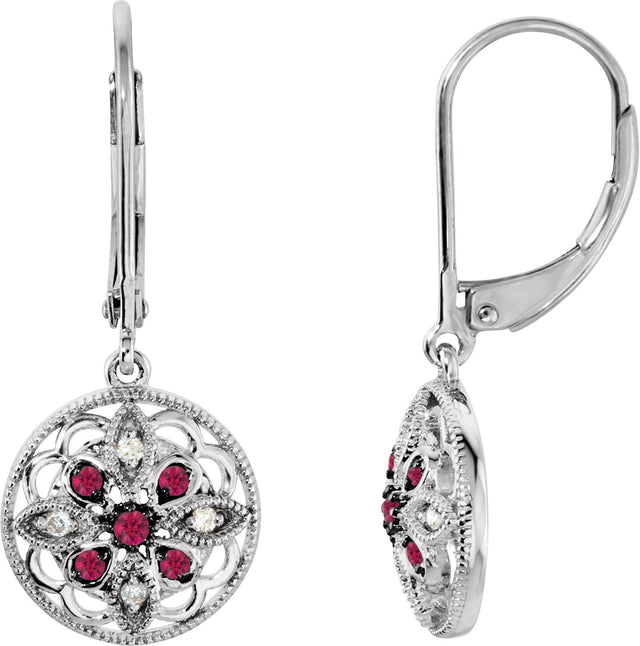 14K Gold Round Natural Ruby & Natural Diamond Accented Filigree Earrings