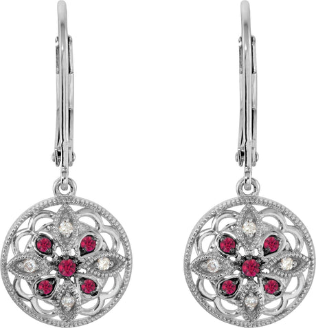14K Gold Round Natural Ruby & Natural Diamond Accented Filigree Earrings - view 2