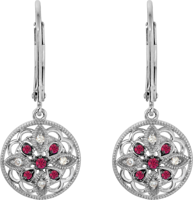 14K Gold Round Natural Ruby & Natural Diamond Accented Filigree Earrings - view 2