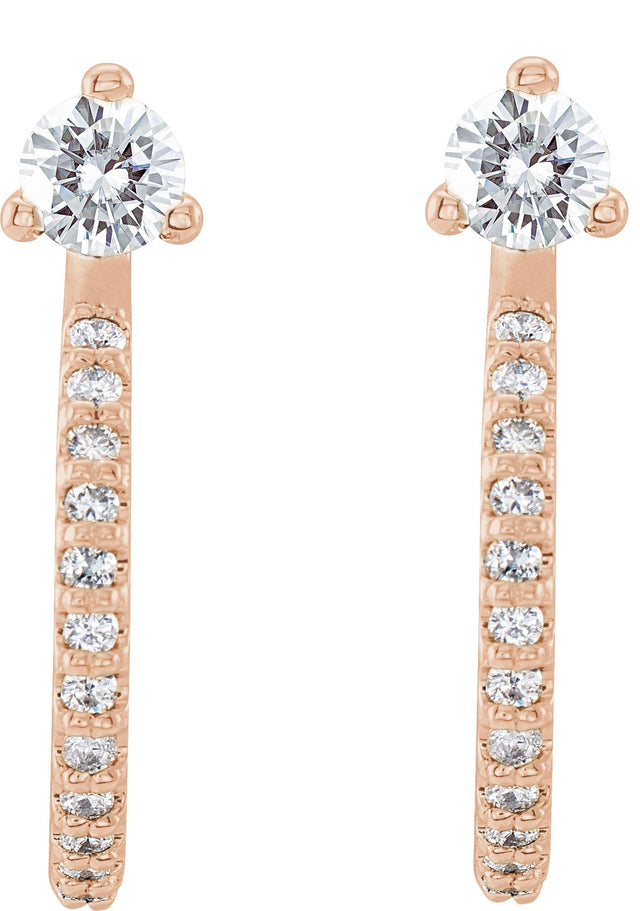 14K Gold Round Natural Diamond Accented J-Hoop Earrings – 3mm Stones - Rose Gold - view 4
