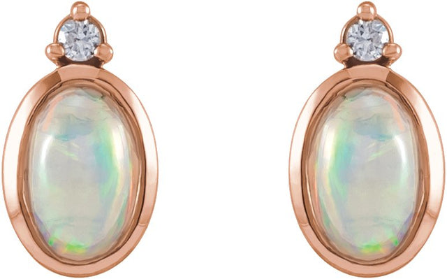 14K Gold Oval Natural Ethiopian Opal & Natural Diamond Cabochon Bezel-Set Earrings - Rose Gold - view 4