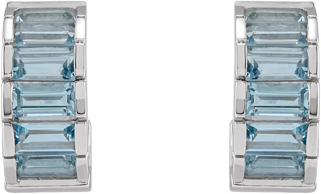 14K Gold Straight Baguette Natural Aquamarine Channel-Set Hoop Earrings - White Gold - view 2