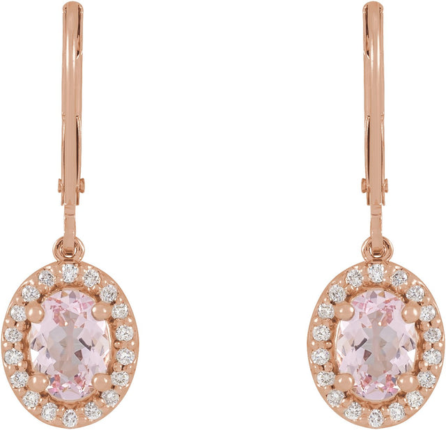 14K Gold Oval Natural Pink Morganite & Natural Diamond Halo-Style Earrings III - Rose Gold - view 2