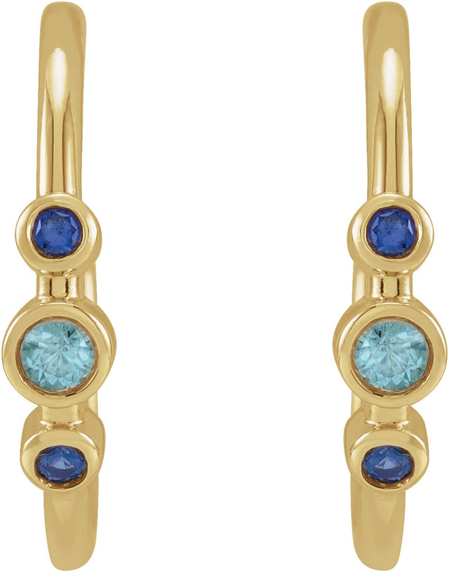 14K Gold Round Natural Blue Zircon & Natural Blue Sapphire Bezel-Set Hoop Earrings - Yellow Gold - view 2