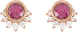14K Gold Round Natural Rhodolite Garnet & Natural Diamond Accented Earrings II - Rose Gold - view 2