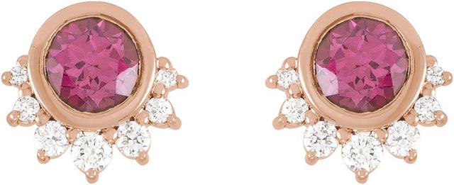 14K Gold Round Natural Rhodolite Garnet & Natural Diamond Accented Earrings II - Rose Gold - view 2