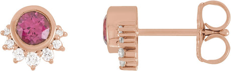 14K Gold Round Natural Rhodolite Garnet & Natural Diamond Accented Earrings II - Rose Gold