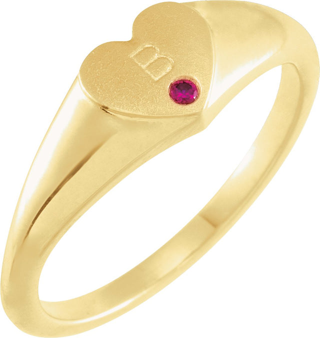 14K Gold Round Natural Ruby Heart Signet Ring - Yellow Gold - view 3