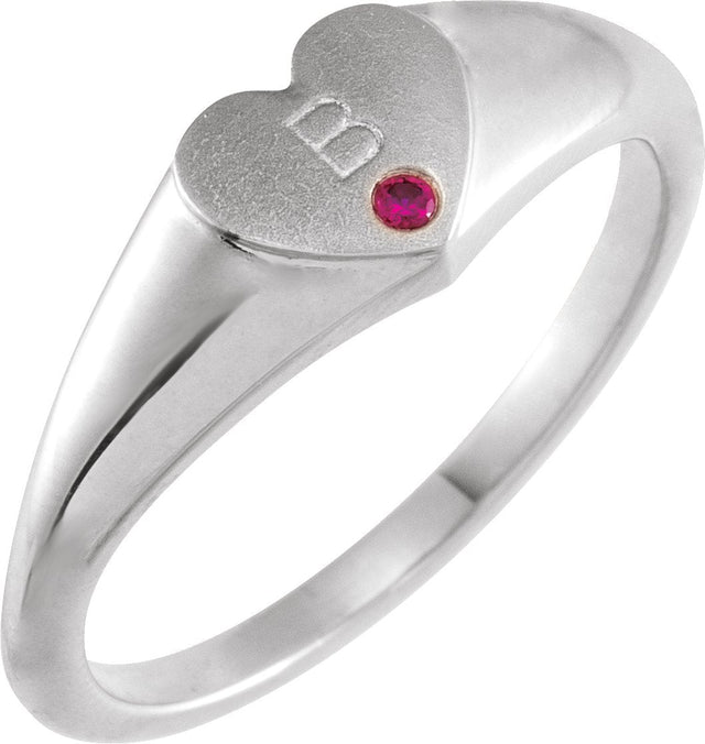 14K Gold Round Natural Ruby Heart Signet Ring - White Gold - view 3