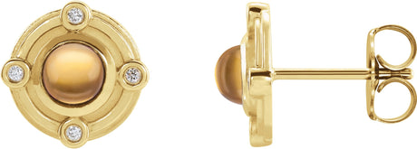 14K Gold Round Natural Citrine & Natural Diamond Accented Cabochon Earrings - Yellow Gold