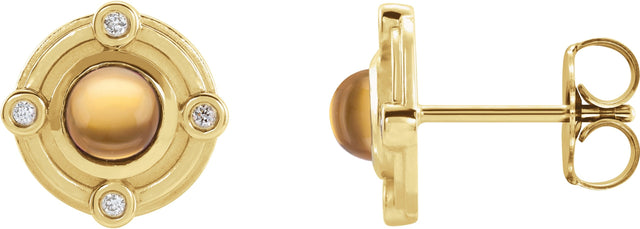 14K Gold Round Natural Citrine & Natural Diamond Accented Cabochon Earrings - Yellow Gold