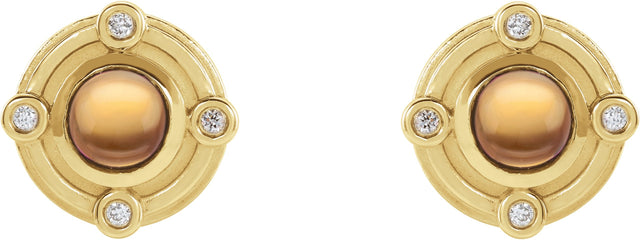 14K Gold Round Natural Citrine & Natural Diamond Accented Cabochon Earrings - Yellow Gold - view 2