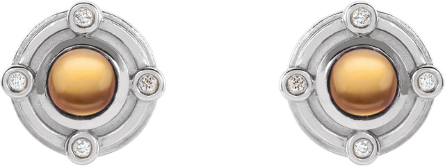 14K Gold Round Natural Citrine & Natural Diamond Accented Cabochon Earrings - White Gold - view 2