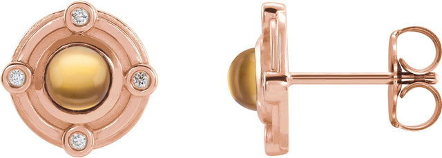 14K Gold Round Natural Citrine & Natural Diamond Accented Cabochon Earrings - Rose Gold