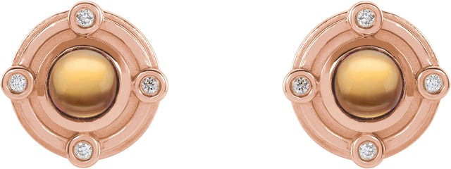 14K Gold Round Natural Citrine & Natural Diamond Accented Cabochon Earrings - Rose Gold - view 2