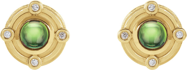 14K Gold Round Natural Peridot & Natural Diamond Accented Cabochon Earrings - Yellow Gold - view 2