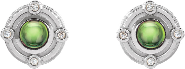 Platinum Round Natural Peridot & Natural Diamond Accented Cabochon Earrings - view 2