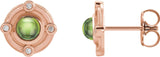 14K Gold Round Natural Peridot & Natural Diamond Accented Cabochon Earrings - Rose Gold