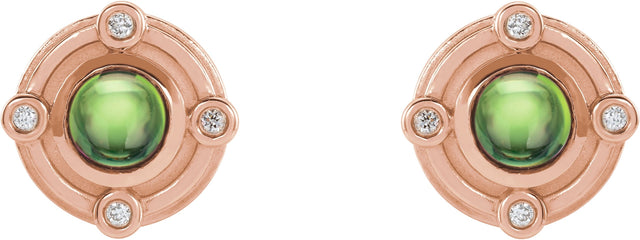 14K Gold Round Natural Peridot & Natural Diamond Accented Cabochon Earrings - Rose Gold - view 2