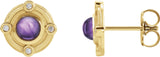 14K Gold Round Natural Amethyst & Natural Diamond Accented Cabochon Earrings - Yellow Gold