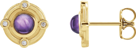 14K Gold Round Natural Amethyst & Natural Diamond Accented Cabochon Earrings - Yellow Gold
