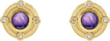 14K Gold Round Natural Amethyst & Natural Diamond Accented Cabochon Earrings - Yellow Gold - view 2