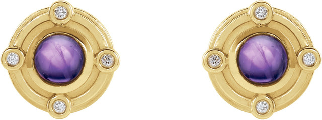 14K Gold Round Natural Amethyst & Natural Diamond Accented Cabochon Earrings - Yellow Gold - view 2
