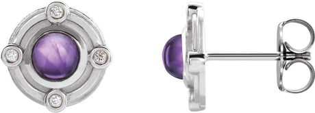 14K Gold Round Natural Amethyst & Natural Diamond Accented Cabochon Earrings - White Gold