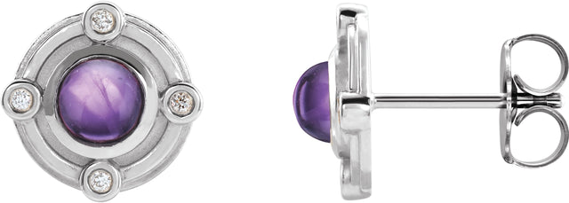 Platinum Round Natural Amethyst & Natural Diamond Accented Cabochon Earrings