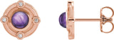 14K Gold Round Natural Amethyst & Natural Diamond Accented Cabochon Earrings - Rose Gold