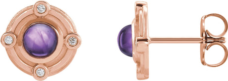 14K Gold Round Natural Amethyst & Natural Diamond Accented Cabochon Earrings - Rose Gold